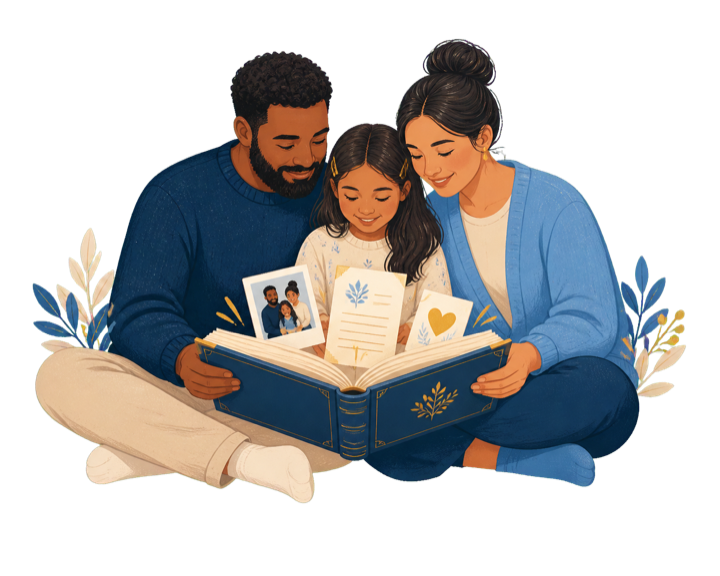 Illustration of a family looking through their records and memories together