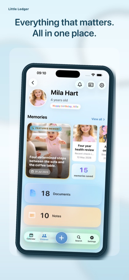 Little Ledger app showing a child profile with memories and family records