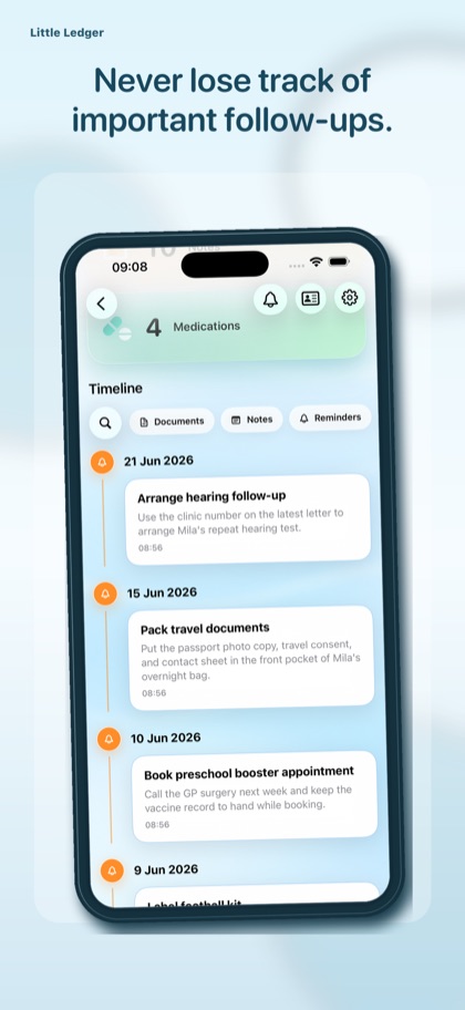 Little Ledger reminders screen with upcoming family tasks