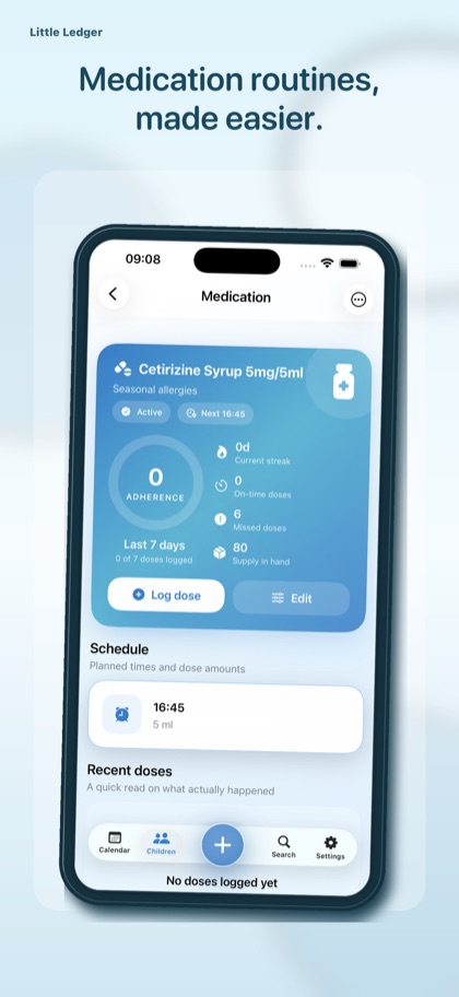 Little Ledger medicine detail screen with schedule and supply information