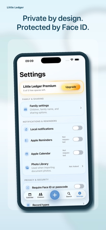 Little Ledger privacy screen explaining local-first family record storage